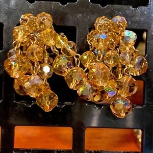 Aurora Borealis Earrings in Amber Tone Crystal with Gold Tone Accents. Clips.